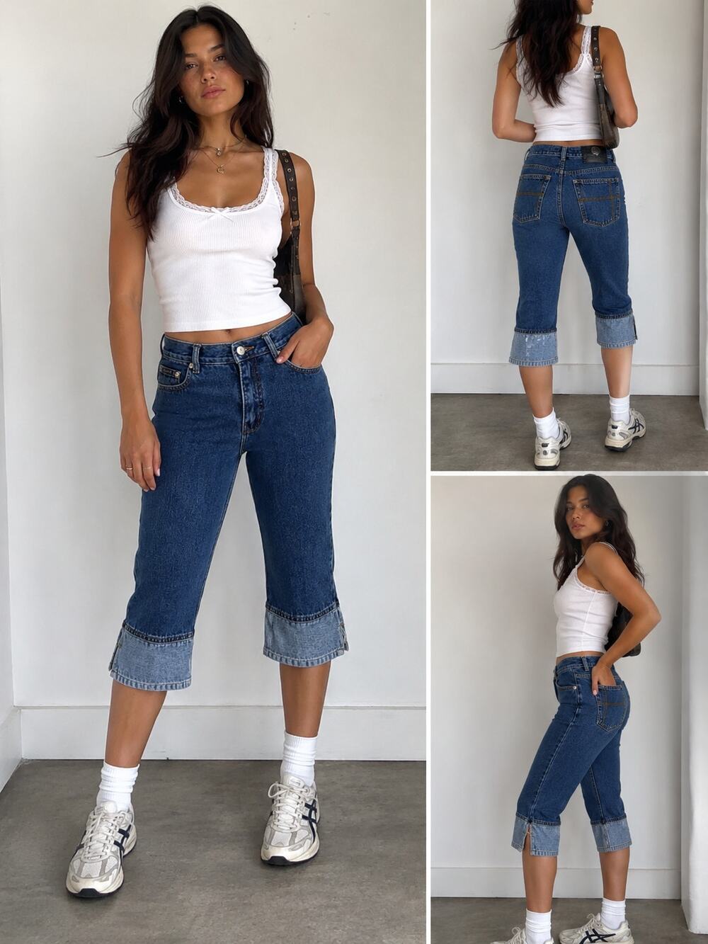 Vintage Y2K Topfit Cuffed Capri Jeans Womens 28 Dark Wash High Rise Side Slit